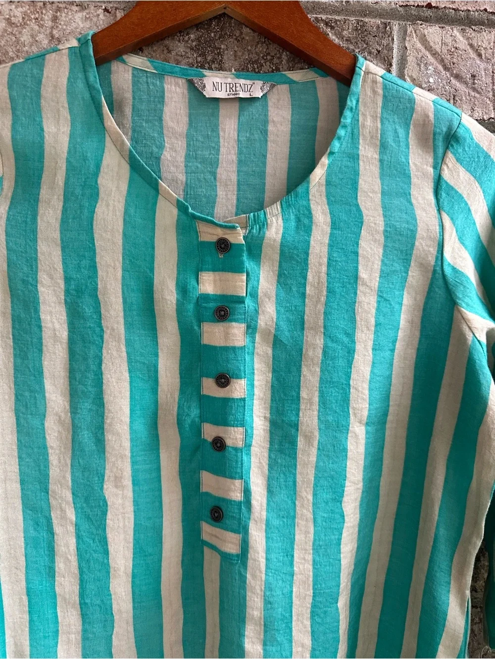 Linen Striped Turquoise and White Tunic Kurta Swimsuit coverup with pockets - Picture 3 of 8